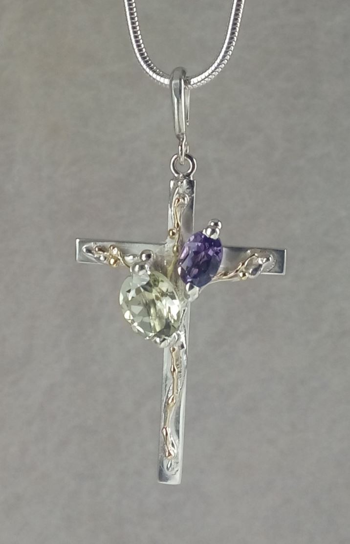 Cross Pendant #6392, Sterling Silver, Gold, Amethyst, Prasiolite, Original Handmade