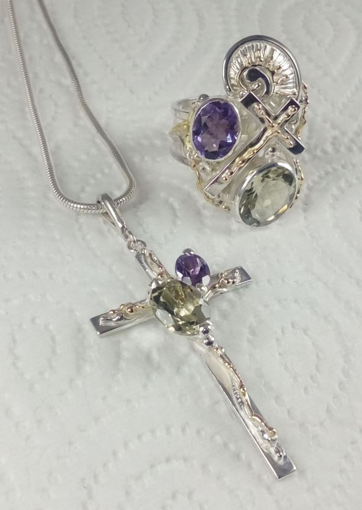 Cross Pendant #6392 and Cross Ring #6391, Sterling Silver, Gold, Amethyst, Prasiolite, Original Handmade