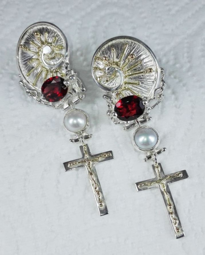 boucles faites main artisanals 4836, argent 925 et or Massif, Garnet, Perles, Fait Main Original