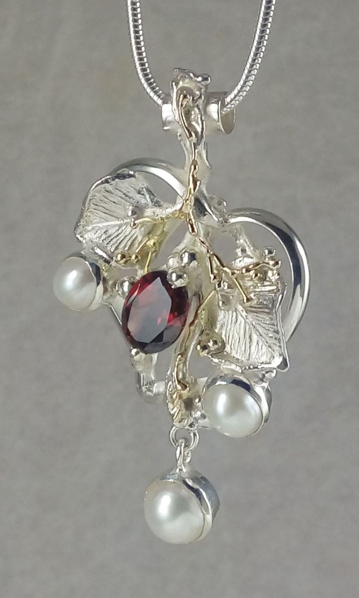 Heart Pendant #4387, Sterling Silver, Gold, Garnet, Pearls, Original Handmade