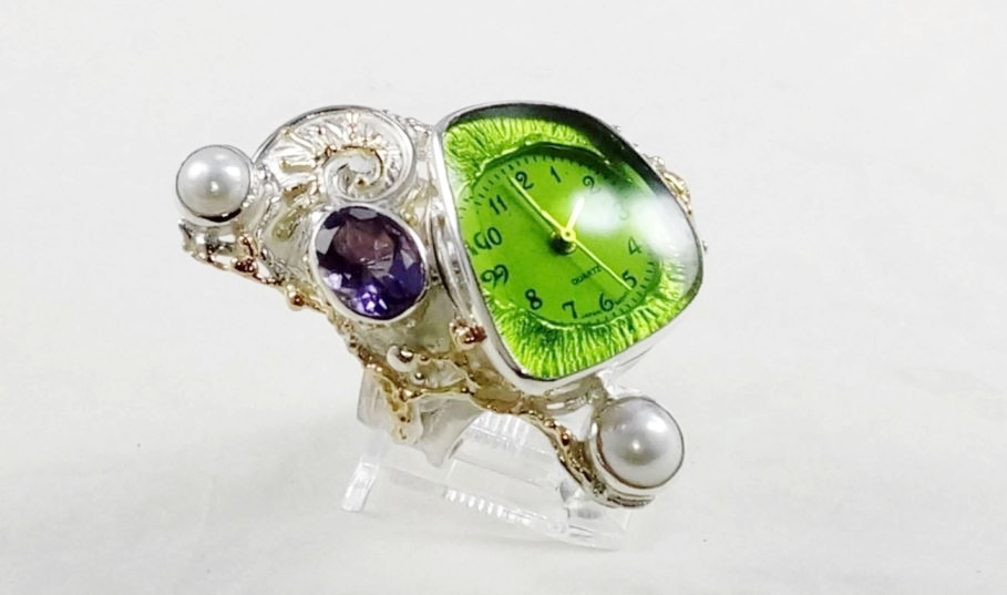 Gregory Pyra Piro Unikat Ring Nr. 5382, Handgemachter Unikatschmuck Original von Handwerker in Sterlingsilber und Gold 585 mit Amethyst, Perle