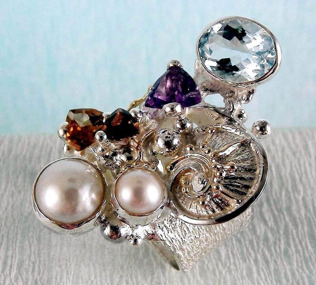 Ring 2050, sterlingsølv, 14 karat gull, Ametyst, Granat, Citrin, Perle, Blå Topas, smykkekunst originale håndlaget, Gregory Pyra Piro