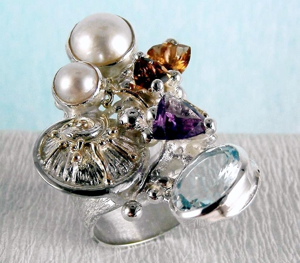 klassisk ring 2050, sterlingsølv, 14 karat gull, Ametyst, Granat, Citrin, Perle, Blå Topas, smykkekunst originale håndlaget, Gregory Pyra Piro