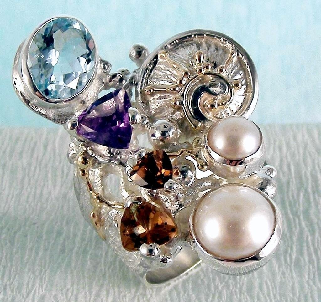 Ring 2050, sterlingsølv, 14 karat gull, Ametyst, Granat, Citrin, Perle, Blå Topas, smykkekunst originale håndlaget, Gregory Pyra Piro