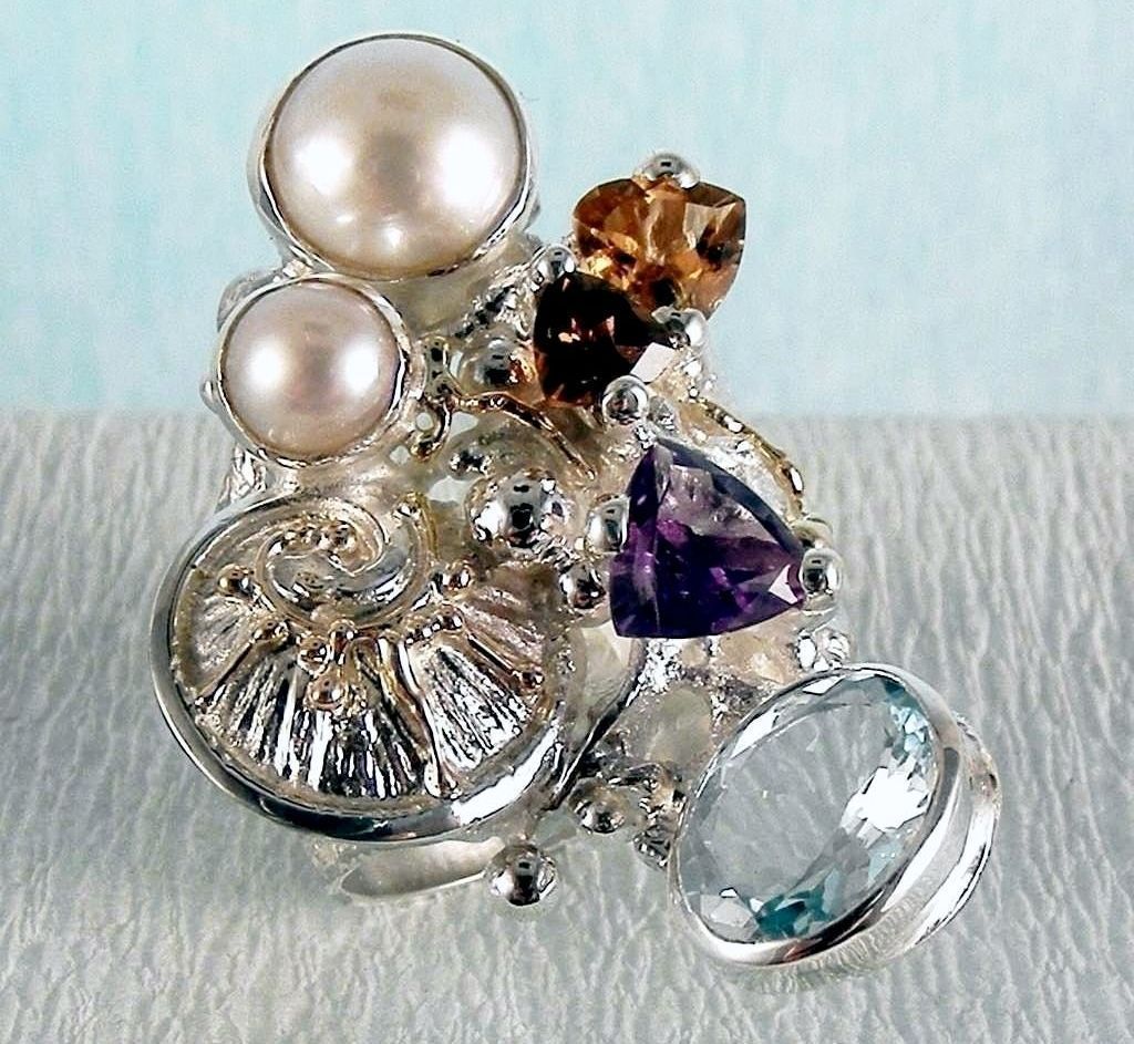 Ring 2050, sterlingsølv, 14 karat gull, Ametyst, Granat, Citrin, Perle, Blå Topas, smykkekunst originale håndlaget, Gregory Pyra Piro