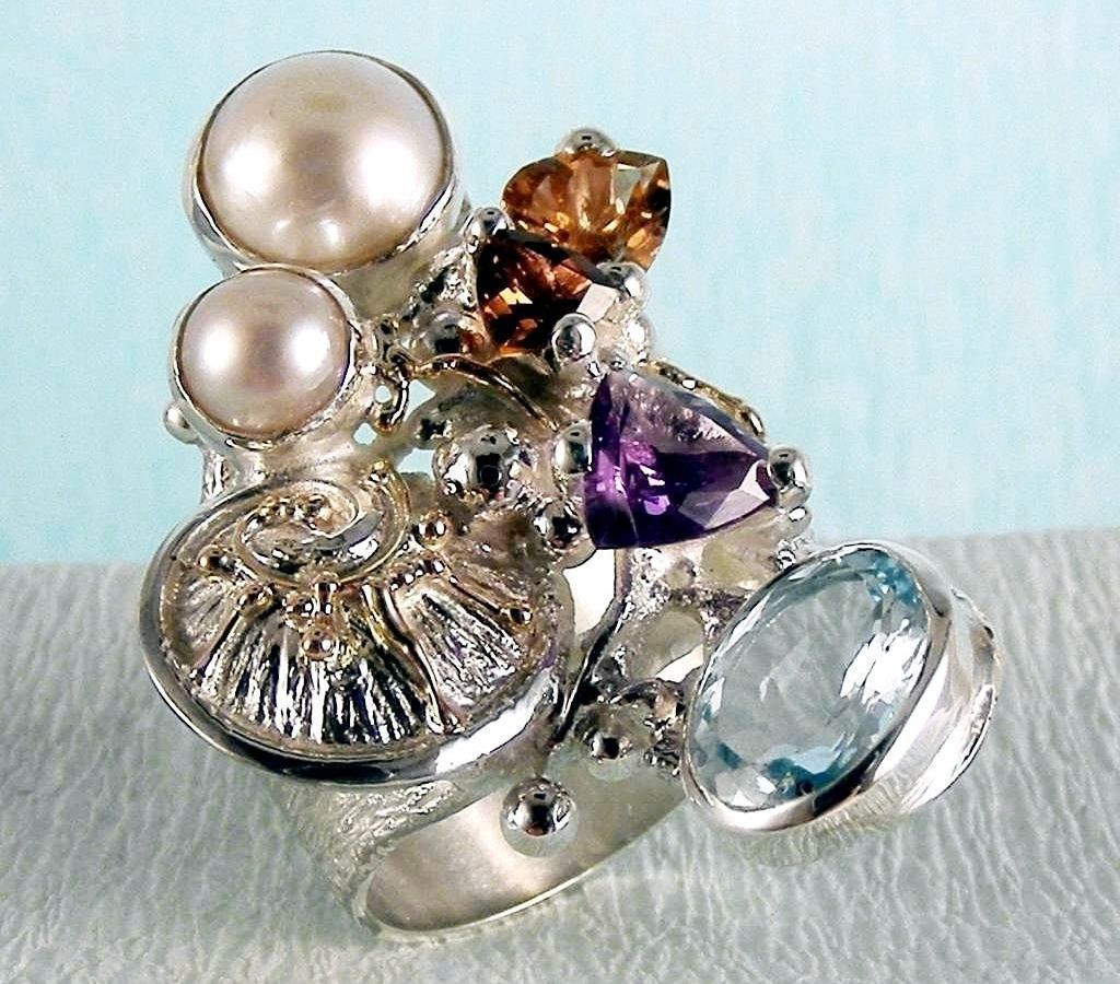 Ring 2050, sterlingsølv, 14 karat gull, Ametyst, Granat, Citrin, Perle, Blå Topas, smykkekunst originale håndlaget, Gregory Pyra Piro