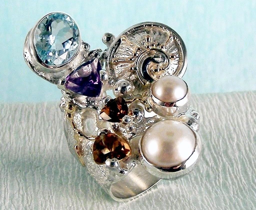 Ring 2050, sterlingsølv, 14 karat gull, Ametyst, Granat, Citrin, Perle, Blå Topas, smykkekunst originale håndlaget, Gregory Pyra Piro