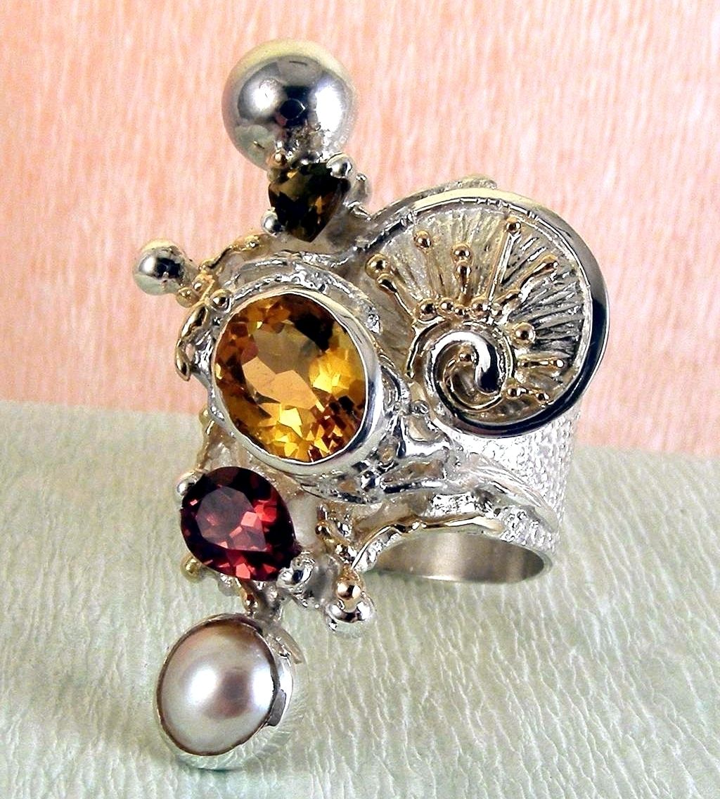 Ring 9435, sterling zilver, goud, citrien, granaat, parel, origineel handgemaakt, Gregory Pyra Piro