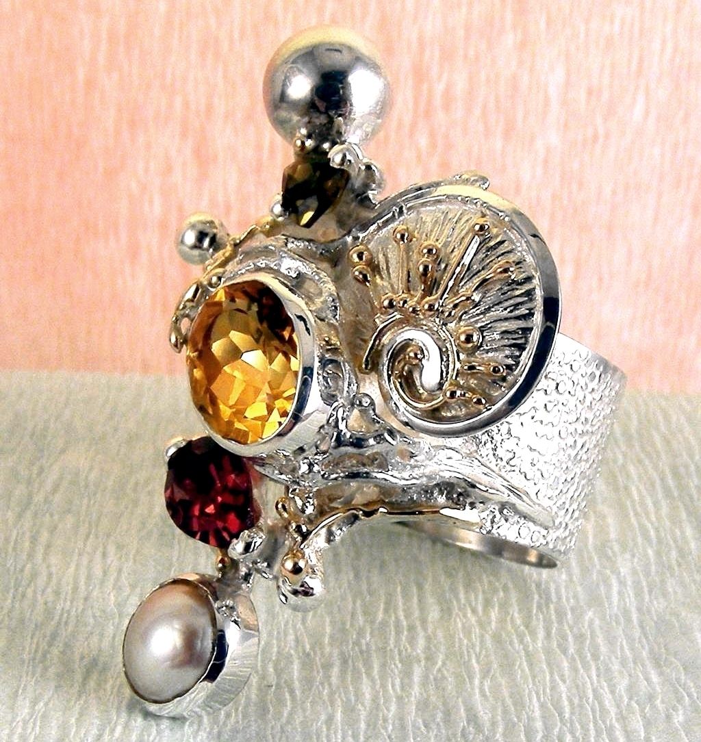 Anello 9435, argento sterling e oro 585, citrino, granato, perla, moda donna, collezione esclusiva artigianale per la tua moda da indossare, originale fatta a mano, Gregorio Pyra Piro