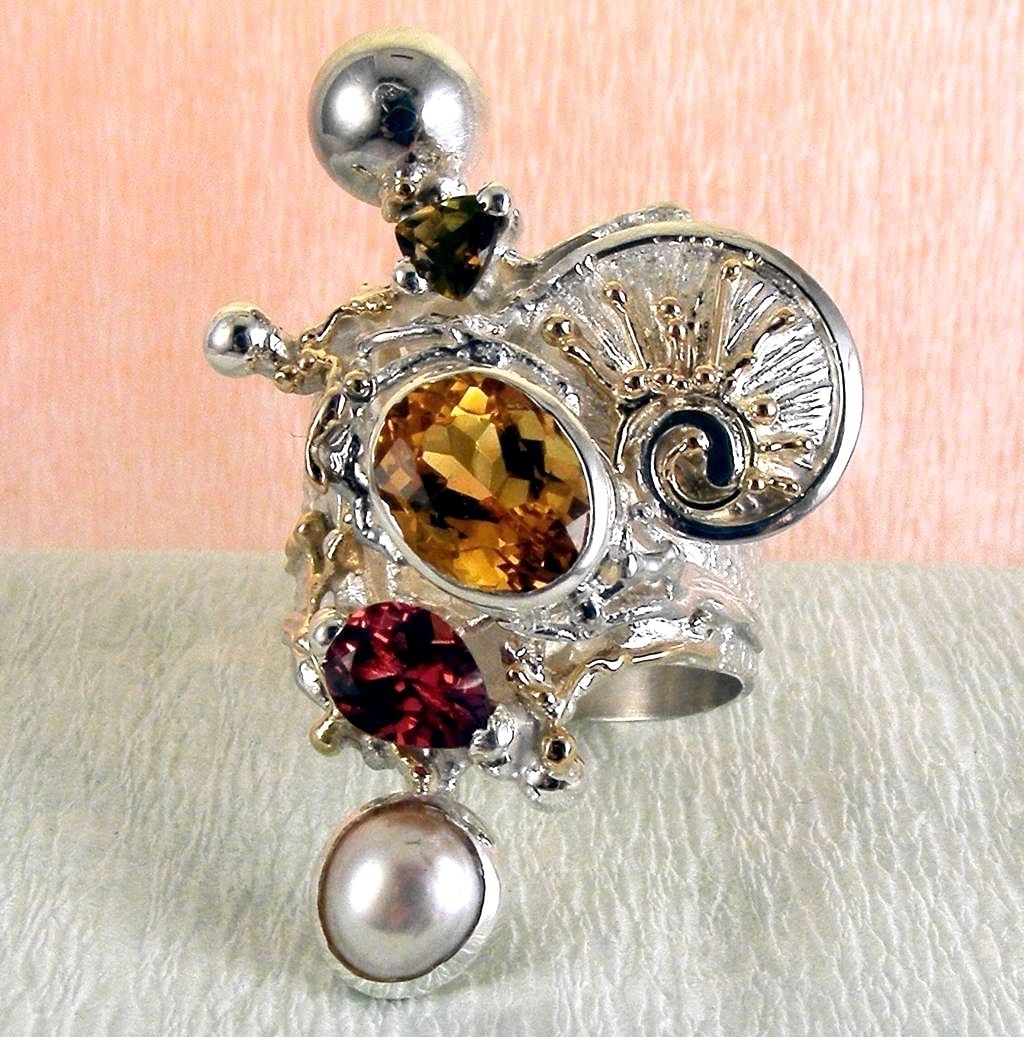 Ring 9435, sterling zilver, goud, citrien, granaat, parel, origineel handgemaakt, Gregory Pyra Piro