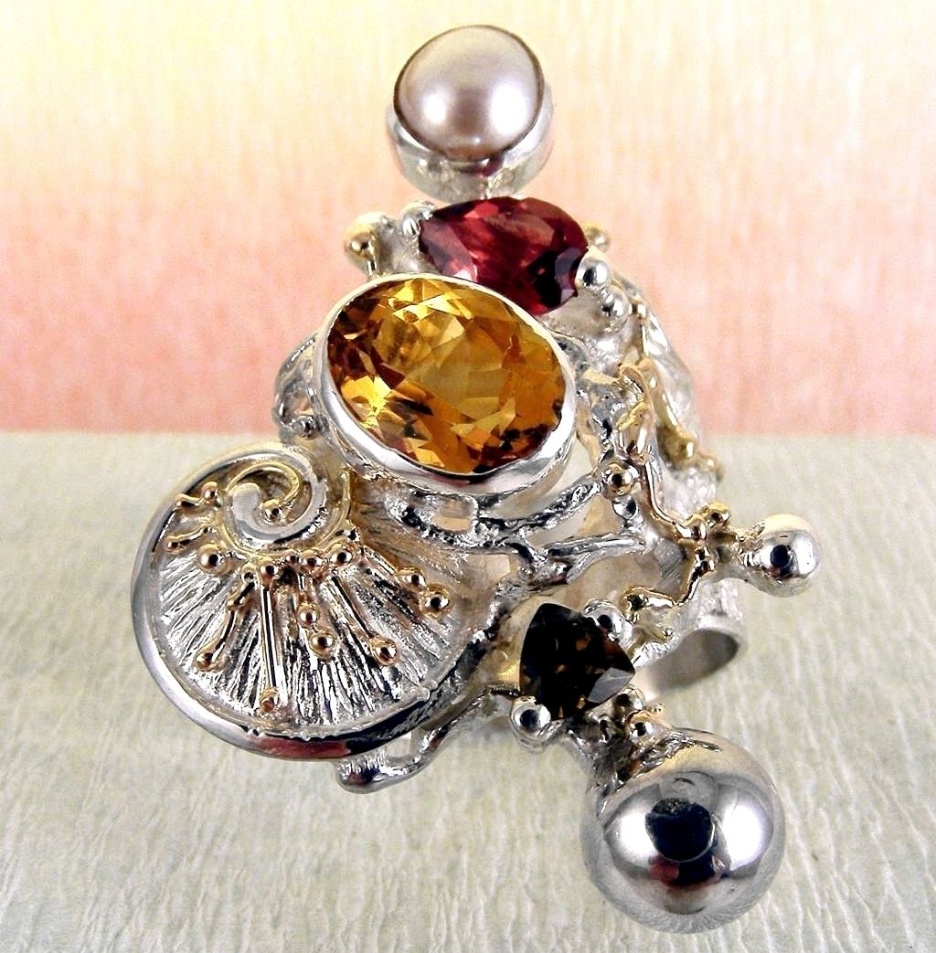 Ring Nr. 9435, Sterlingsilber und Gold 585, Citrin, Granat, Perle, Schmuckkunst Original Handgefertigt, Schmuck inspiriert von der Jugendstil Mode, Gregory Pyra Piro, Einzelstück, Modeaccessoires zu tragen, Modekollektion, handwerker Schmuck, Tragbare Kunst, Schmuckkunst