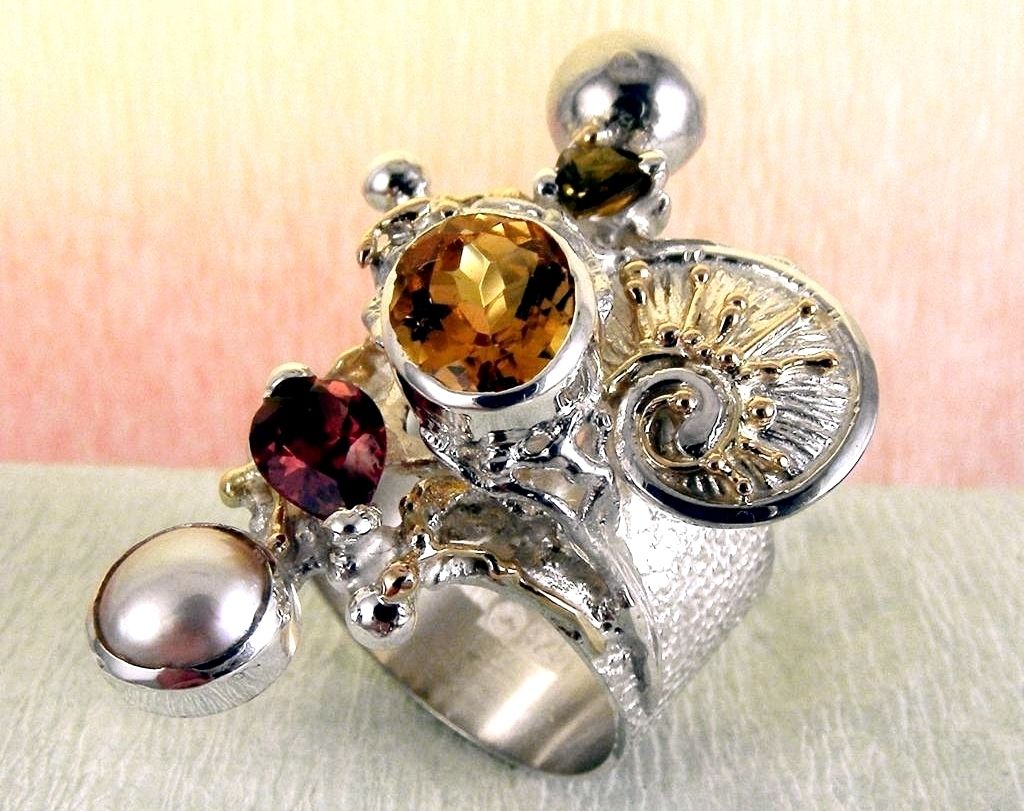 Ring Nr. 9435, Sterlingsilber und Gold 585, Citrin, Granat, Perle, Schmuckkunst Original Handgefertigt, Schmuck inspiriert von der Jugendstil Mode, Gregory Pyra Piro, Einzelstück, Modeaccessoires zu tragen, Modekollektion, handwerker Schmuck, Tragbare Kunst, Schmuckkunst