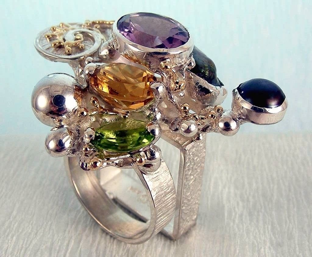 Cyber Ring 1565, Sterling Zilver, Goud, peridoot, Citrien, Amethist, Perlen, Origineel Handgemaakt, Gregory Pyra Piro