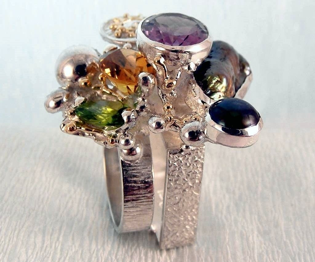 Ring 1565, Sterlingsølv og Gull, Peridot, Citrin, Ametyst, Perler, smykkekunst originale håndlaget, Gregory Pyra Piro