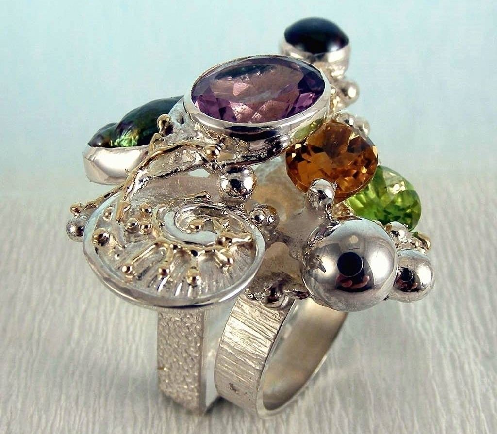 Cyber Ring 1565, Sterling Zilver, Goud, peridoot, Citrien, Amethist, Perlen, Origineel Handgemaakt, Gregory Pyra Piro