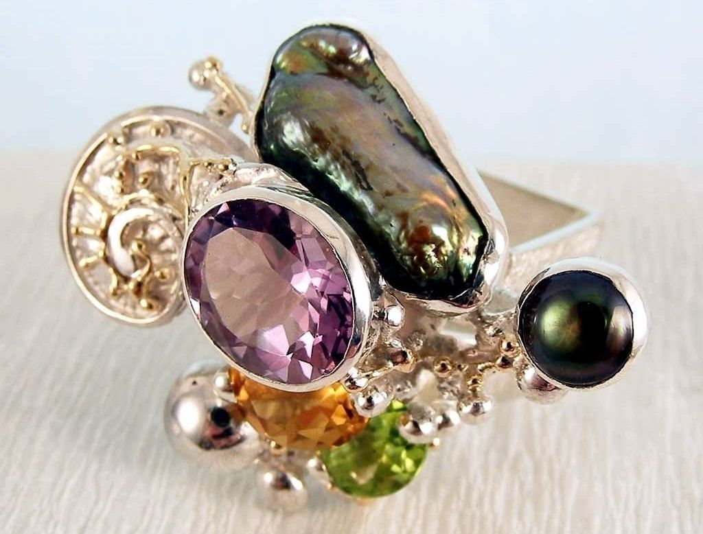 Cyber Ring 1565, Sterling Zilver, Goud, peridoot, Citrien, Amethist, Perlen, Origineel Handgemaakt, Gregory Pyra Piro