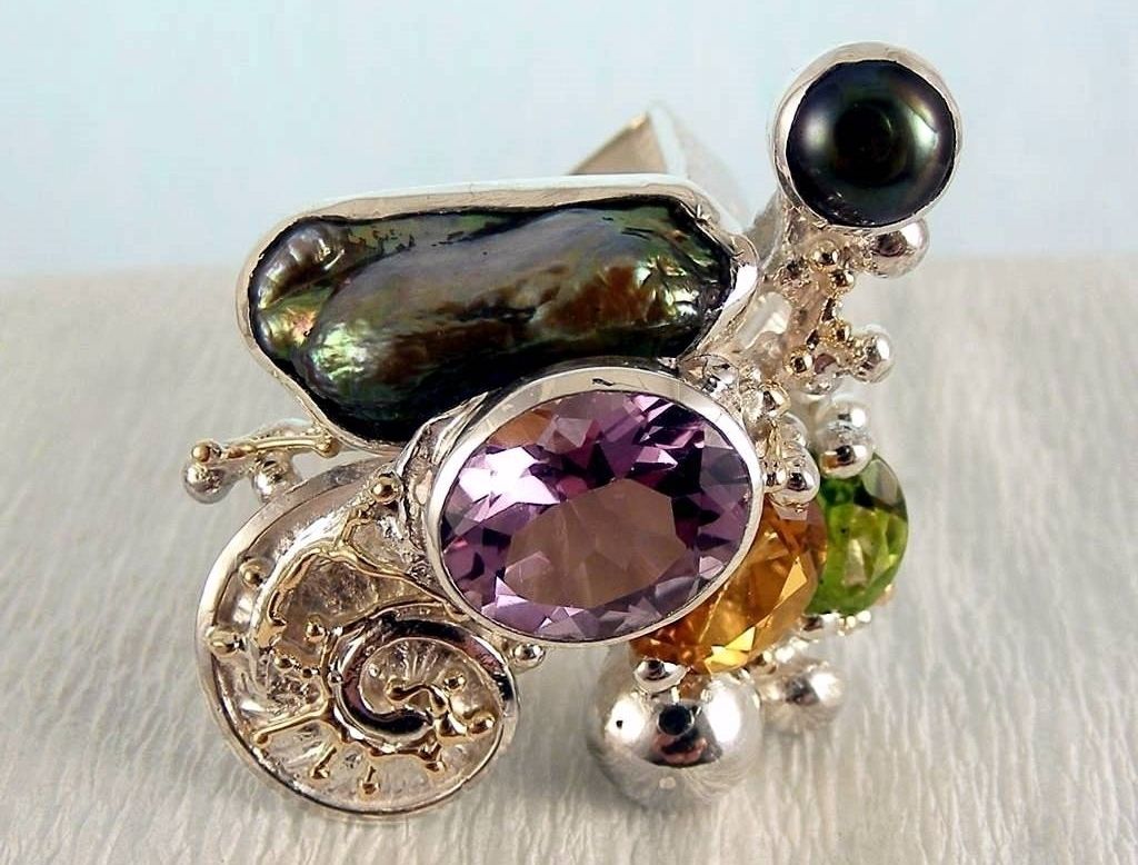 anello cyber 1565, argento sterling e oro 585, olivina, citrino, ametista, perlas, moda donna, collezione esclusiva artigianale per la tua moda da indossare, originale fatta a mano, Gregorio Pyra Piro