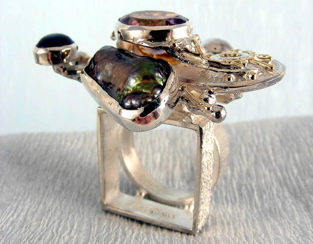 Ring 1565, Sterlingsølv og Gull, Peridot, Citrin, Ametyst, Perler, smykkekunst originale håndlaget, Gregory Pyra Piro