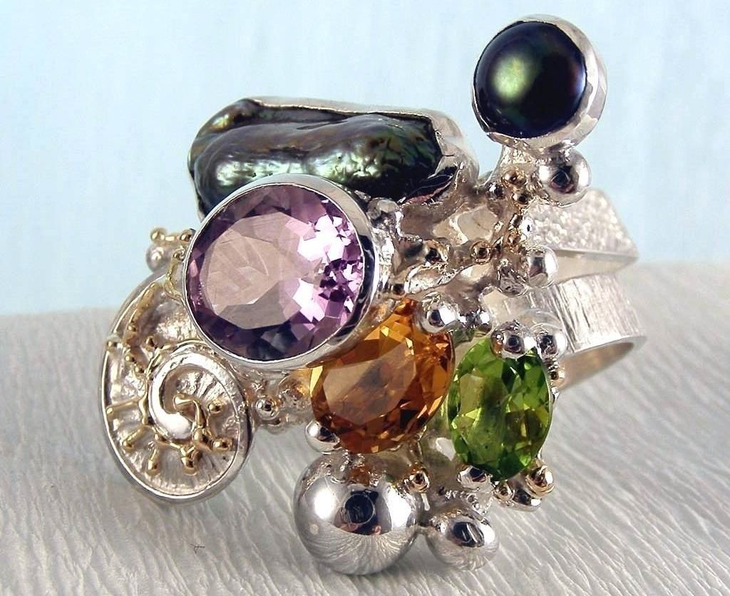 anello cyber 1565, argento sterling e oro 585, olivina, citrino, ametista, perlas, moda donna, collezione esclusiva artigianale per la tua moda da indossare, originale fatta a mano, Gregorio Pyra Piro