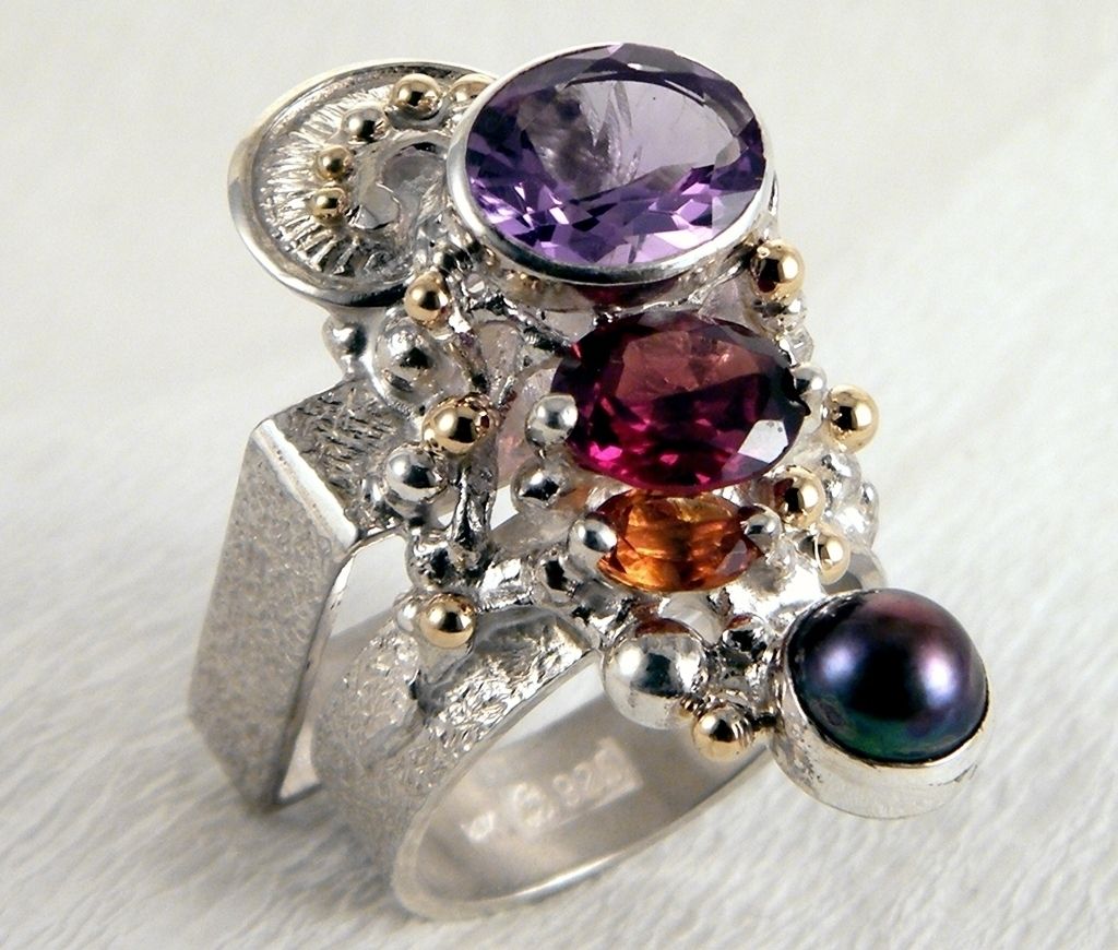 Ring 2631, Sterlingsølv og Gull, Ametyst, Granat, Citrin, Perle, smykkekunst originale håndlaget, Gregory Pyra Piro