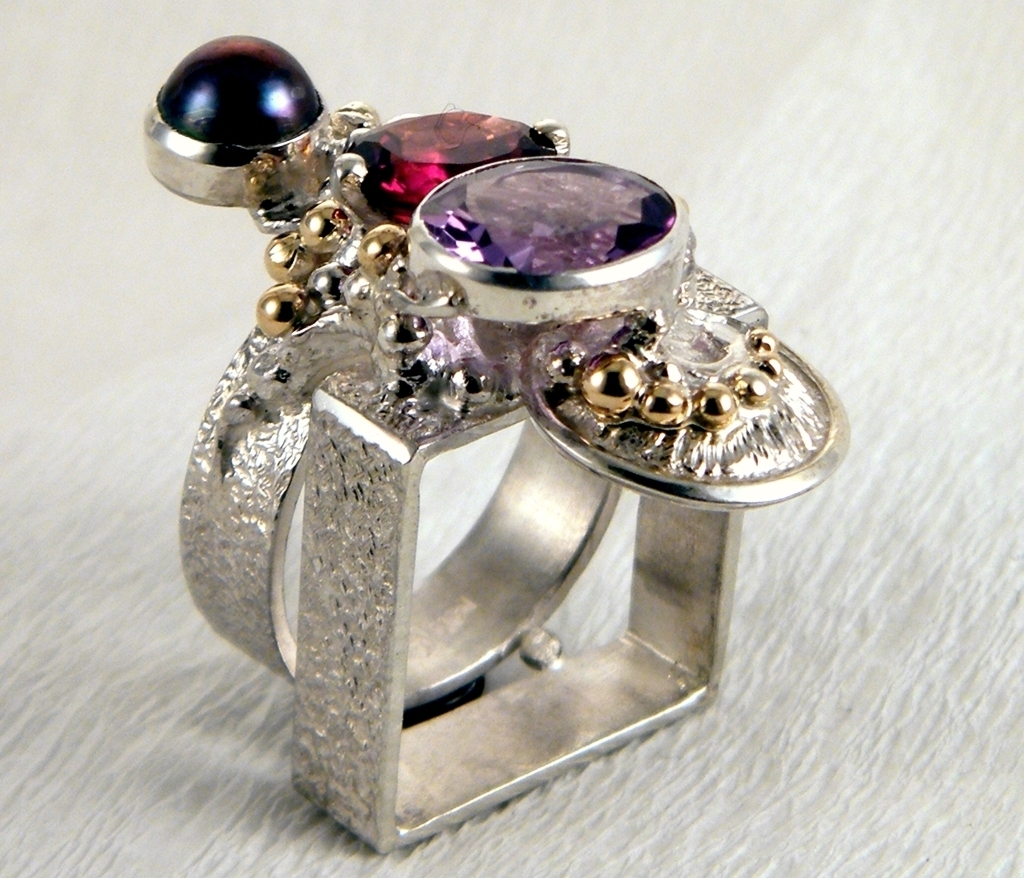 Cyber Ring 2631, Sterling Zilver, Goud, Amethist, Granat, Citrin, Parel, Origineel Handgemaakt, Gregory Pyra Piro