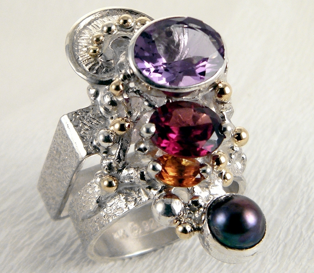 Cyber Ring 2631, Sterling Zilver, Goud, Amethist, Granat, Citrin, Parel, Origineel Handgemaakt, Gregory Pyra Piro