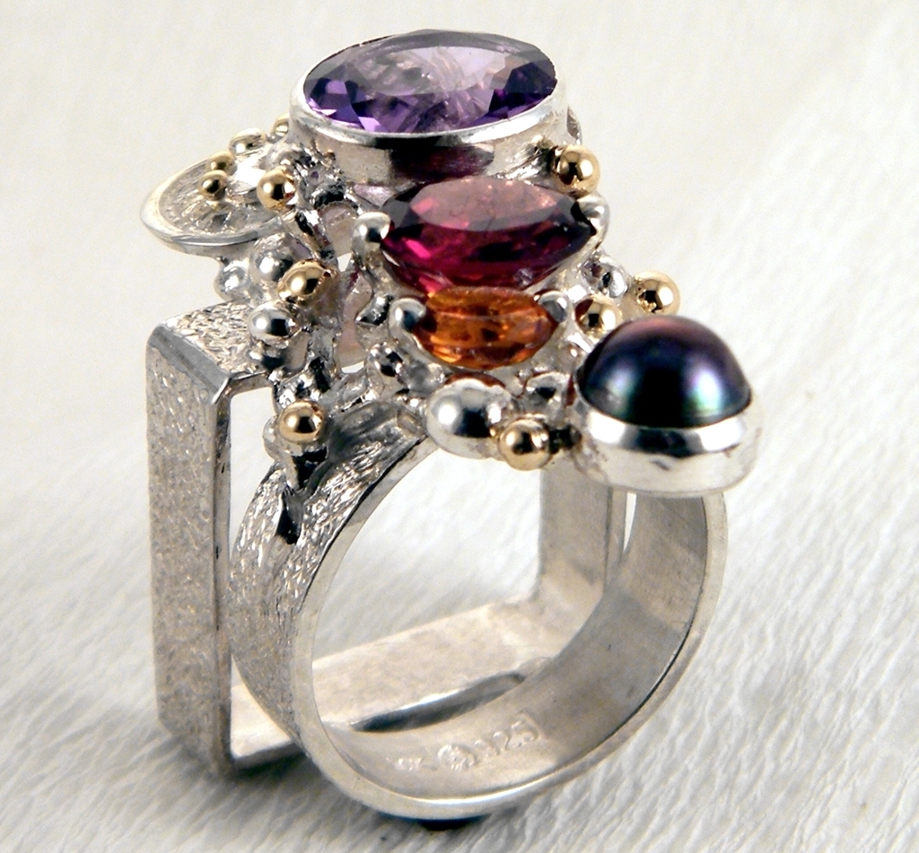 Ring 2631, Sterlingsølv og Gull, Ametyst, Granat, Citrin, Perle, smykkekunst originale håndlaget, Gregory Pyra Piro