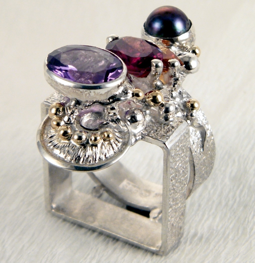 Cyber Ring 2631, Sterling Zilver, Goud, Amethist, Granat, Citrin, Parel, Origineel Handgemaakt, Gregory Pyra Piro