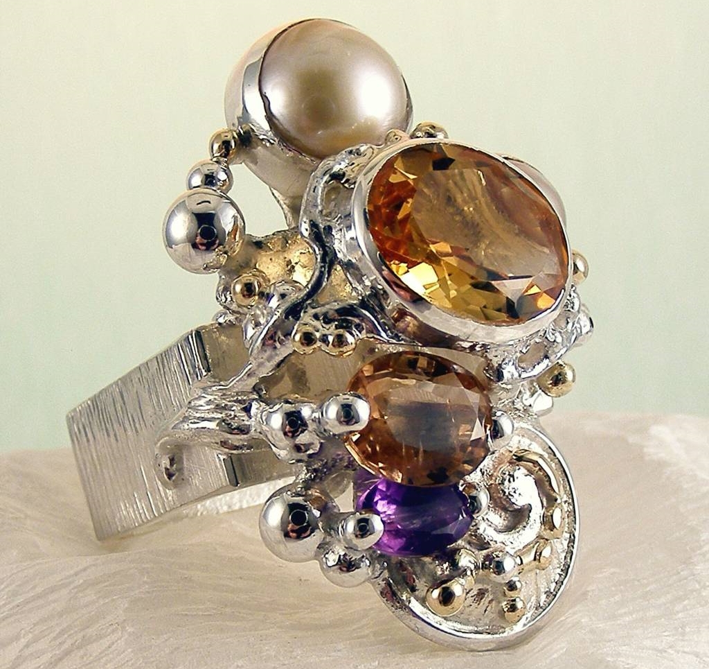 firkantet ring 4291, sterlingsølv, 14 karat gull, Citrin, Turmalin, Ametyst, Perle, Original Handmade, Gregory Pyra Piro