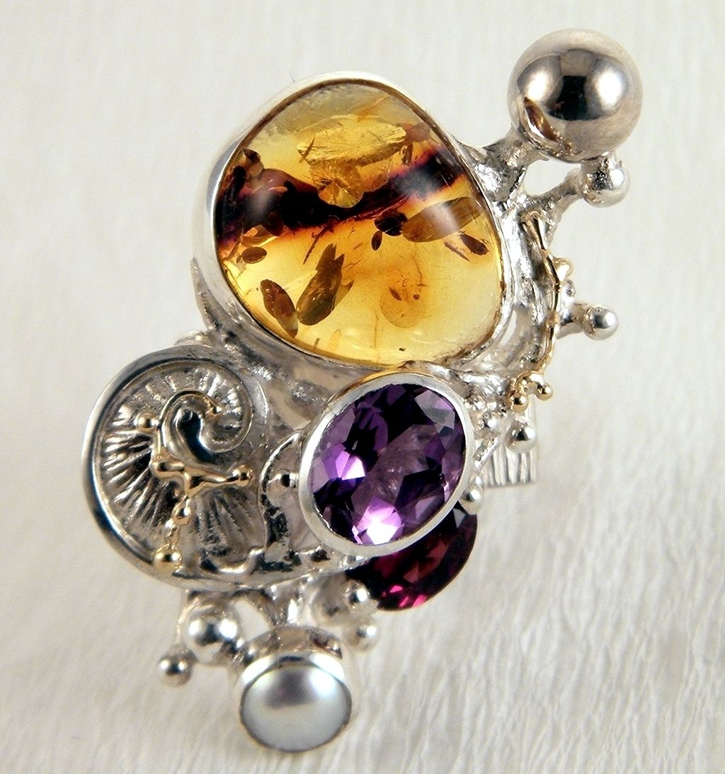 Vierkante Ring 1710, Sterling Zilver, Goud, barnsteen, granaat, amethist, parel, Origineel Handgemaakt, Gregory Pyra Piro