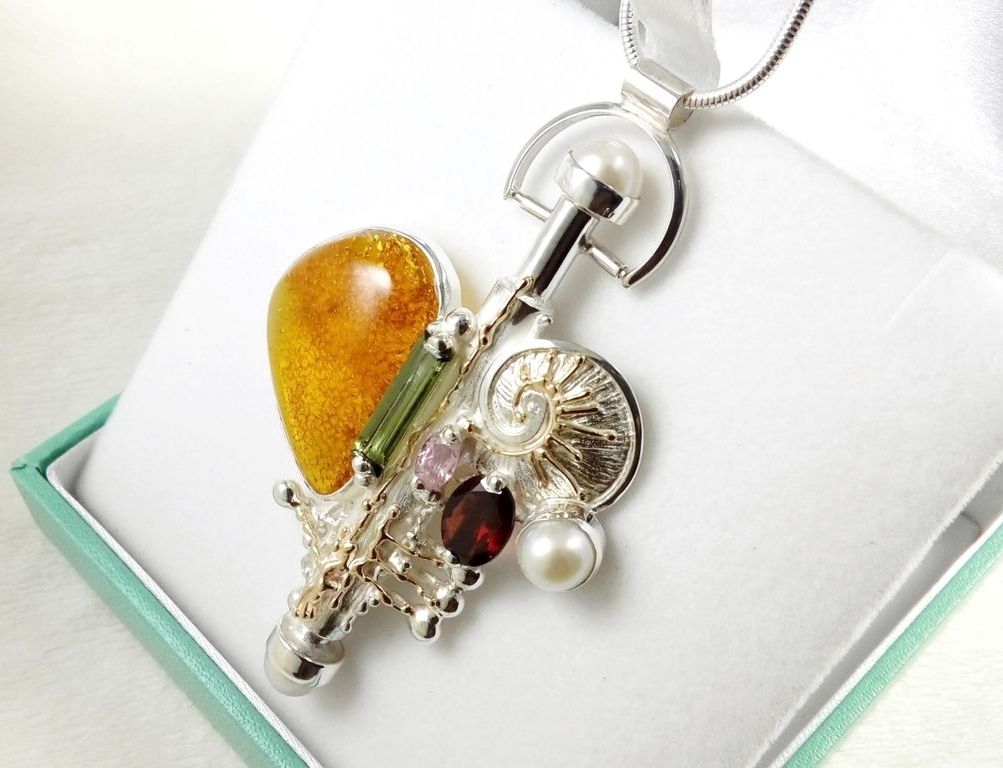 a collectible, one of a kind, perfume bottle pendant #365429, sterling silver, 14k gold, amber, green tourmaline, pink tourmaline, garnet, pearls, Gregory Pyra Piro