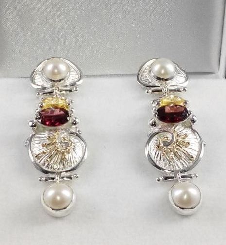 gregory pyra piro handcrafted earrings 2932, mixed metal earrings from sterling silver and 14k gold, handcrafted earrings with citrine and garnet, handmade earrings with garnet and pearls, handcrafted earrings in art and craft galleries