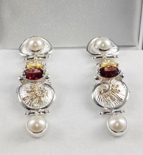 Oorbellen 2932, sterling zilver, goud, citrien, granaat, parels, origineel handgemaakt, Gregory Pyra Piro