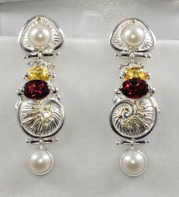 boucles faites main artisanals d'oreilles 2932, argent 925, or 14 ct., citrine, grenat, perles, fait main original de créateur, Gregory Pyra Piro