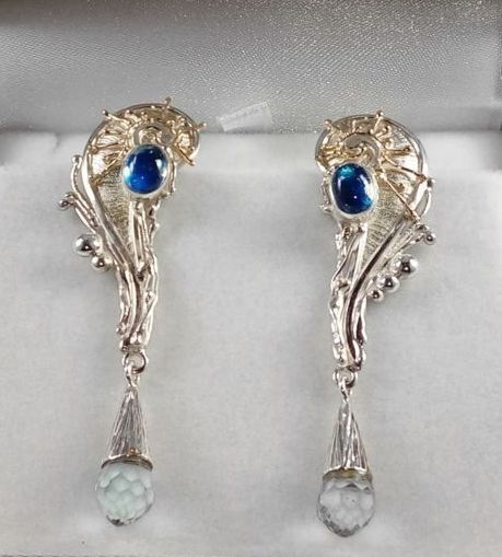 fine craft gallery earrings for sale, fine craft gallery artisan jewellery for sale, gregory pyra piro handcrafted earrings 8321, silver and gold earrings with moonstone and blue topaz, reticulated and soldered jewellery with faceted gemstones, silver and gold reticulated jewellery