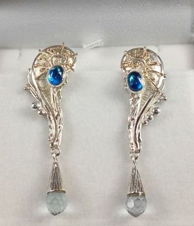 fine craft gallery earrings for sale, fine craft gallery artisan jewellery for sale, gregory pyra piro handcrafted earrings 8321, silver and gold earrings with moonstone and blue topaz, reticulated and soldered jewellery with faceted gemstones, silver and gold reticulated jewellery