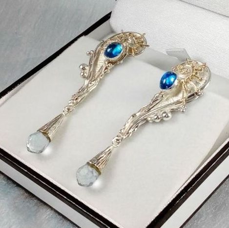 fine craft gallery earrings for sale, fine craft gallery artisan jewellery for sale, gregory pyra piro handcrafted earrings 8321, silver and gold earrings with moonstone and blue topaz, reticulated and soldered jewellery with faceted gemstones, silver and gold reticulated jewellery