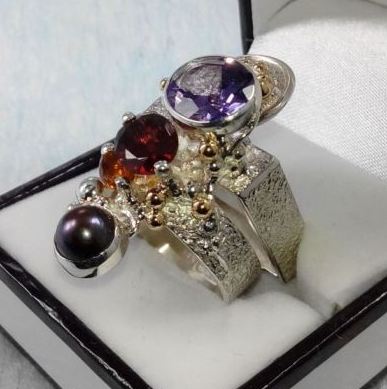 cyberring 2631, sterlingsilver, 14 karat guld, ametist, granat, citrin, pärla, ursprungliga handgjorda, konstsmycken, bärbar konst, Gregory Pyra Piro