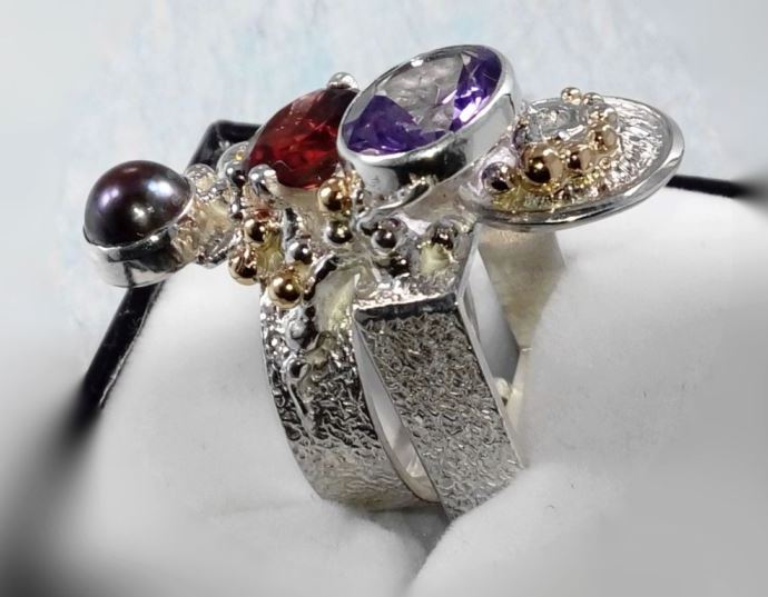 Cyber Ring 2631, Sterling Zilver, Goud, Amethist, Granat, Citrin, Parel, Origineel Handgemaakt, Gregory Pyra Piro