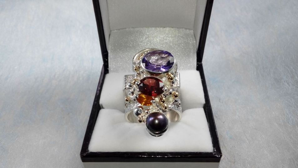 Cyber Ring 2631, Sterling Zilver, Goud, Amethist, Granat, Citrin, Parel, Origineel Handgemaakt, Gregory Pyra Piro