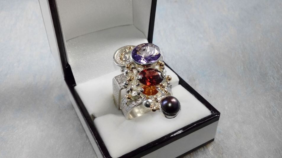 Cyber Ring 2631, Sterling Zilver, Goud, Amethist, Granat, Citrin, Parel, Origineel Handgemaakt, Gregory Pyra Piro