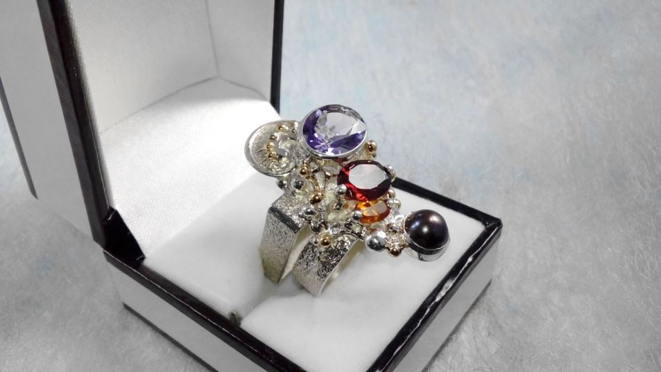 Cyber Ring 2631, Sterling Zilver, Goud, Amethist, Granat, Citrin, Parel, Origineel Handgemaakt, Gregory Pyra Piro