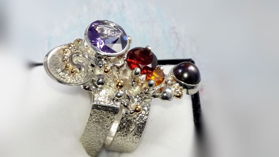 Cyber Ring 2631, Sterling Zilver, Goud, Amethist, Granat, Citrin, Parel, Origineel Handgemaakt, Gregory Pyra Piro