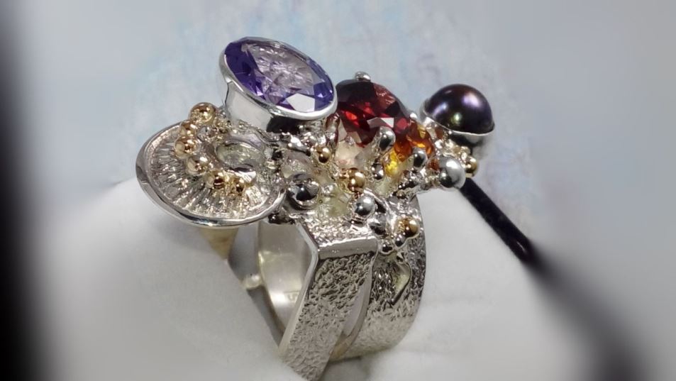 Cyberring 2631, sterling sølv og Guld, Ametyst, Granat, Citrin, Perle, smykkekunst originale håndlavede, Gregory Pyra Piro