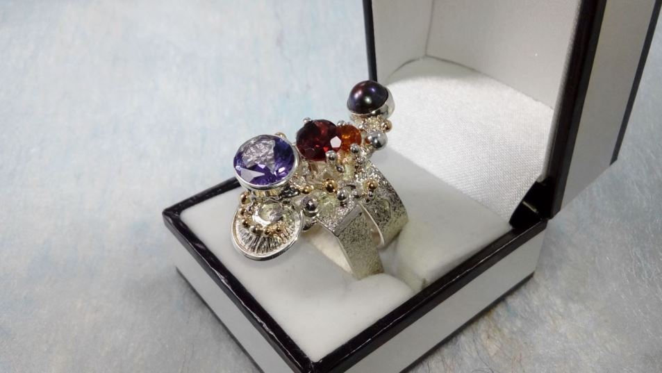 Cyber Ring 2631, Sterling Zilver, Goud, Amethist, Granat, Citrin, Parel, Origineel Handgemaakt, Gregory Pyra Piro