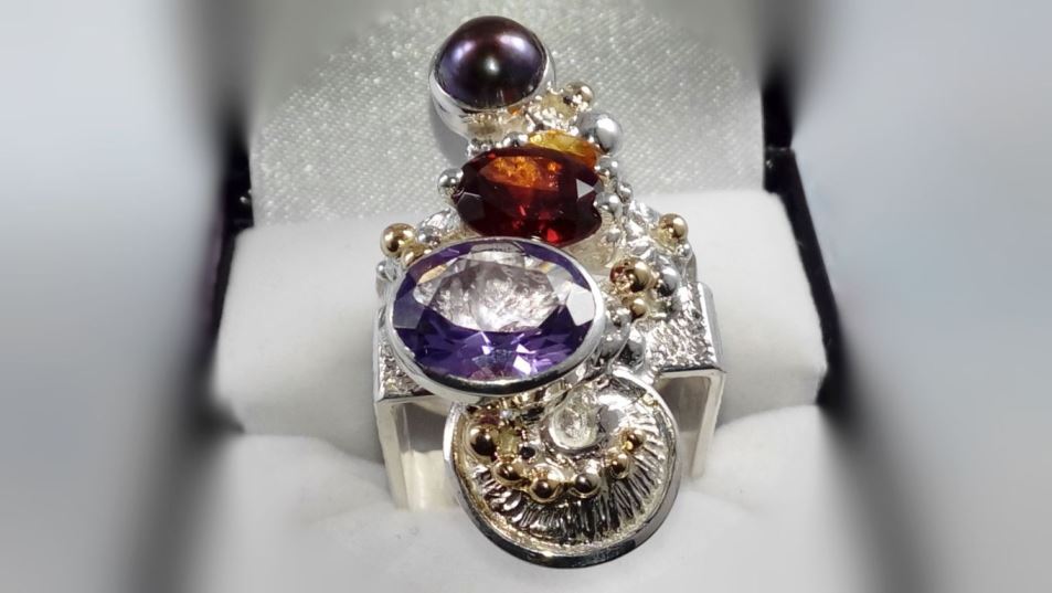 gregory pyra piro bague cyber 53869 fait main de créateur bague, bague avec ambre et améthyste, bague avec ambre et tourmaline rose, bague avec ambre et perle