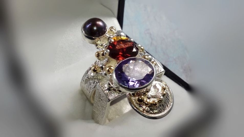 Cyber Ring 2631, Sterling Zilver, Goud, Amethist, Granat, Citrin, Parel, Origineel Handgemaakt, Gregory Pyra Piro