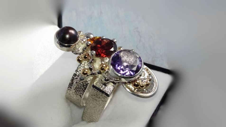 Ring 2631, Sterlingsølv og Gull, Ametyst, Granat, Citrin, Perle, smykkekunst originale håndlaget, Gregory Pyra Piro