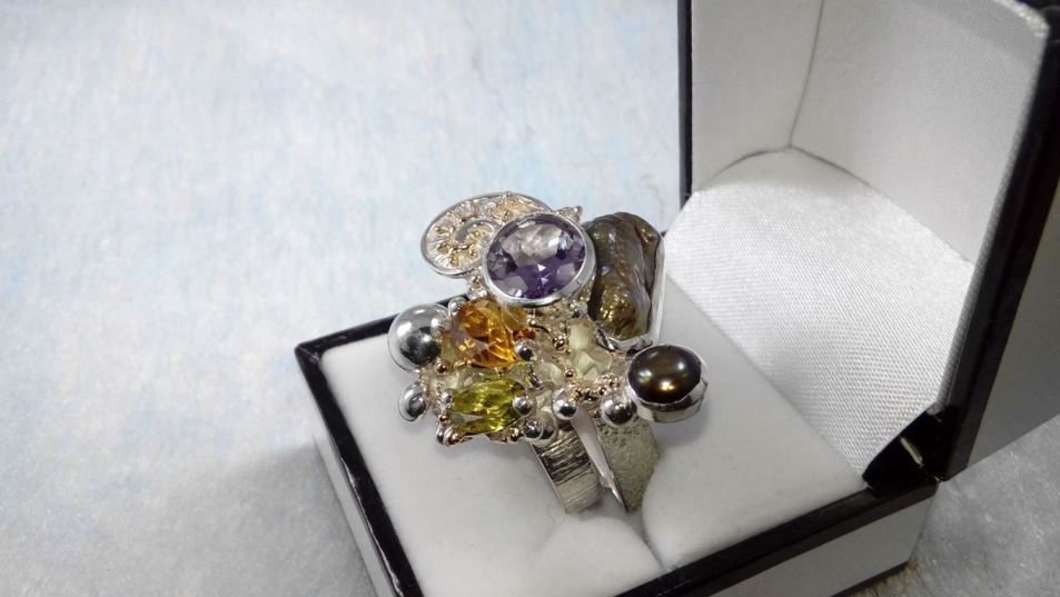 Cyber Ring 1565, Sterling Zilver, Goud, peridoot, Citrien, Amethist, Perlen, Origineel Handgemaakt, Gregory Pyra Piro