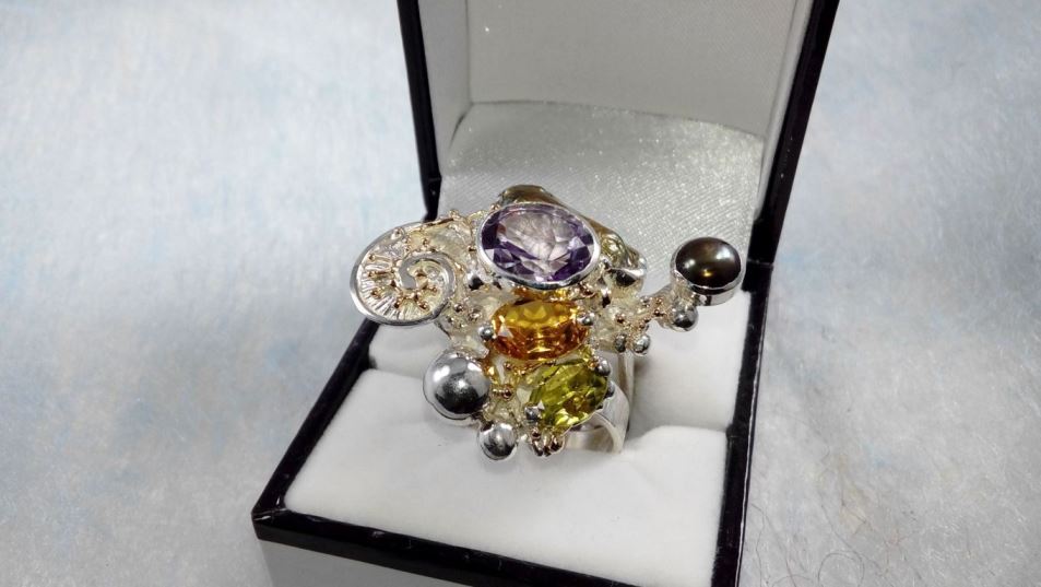 Cyber Ring 1565, Sterling Zilver, Goud, peridoot, Citrien, Amethist, Perlen, Origineel Handgemaakt, Gregory Pyra Piro